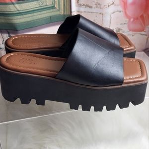 ASOS DESIGN platform heeled mules in blackSize 4